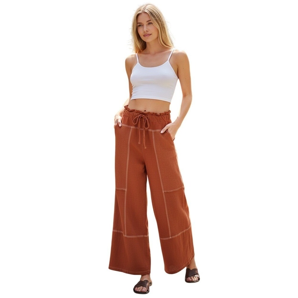 NWT Zenana Rust Boho Waffle Knit Patchwork Wide Leg Pants 100% Cotton L Coastal